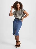 Striped Ruffle T-Shirt & Slit-Hem Denim Skirt