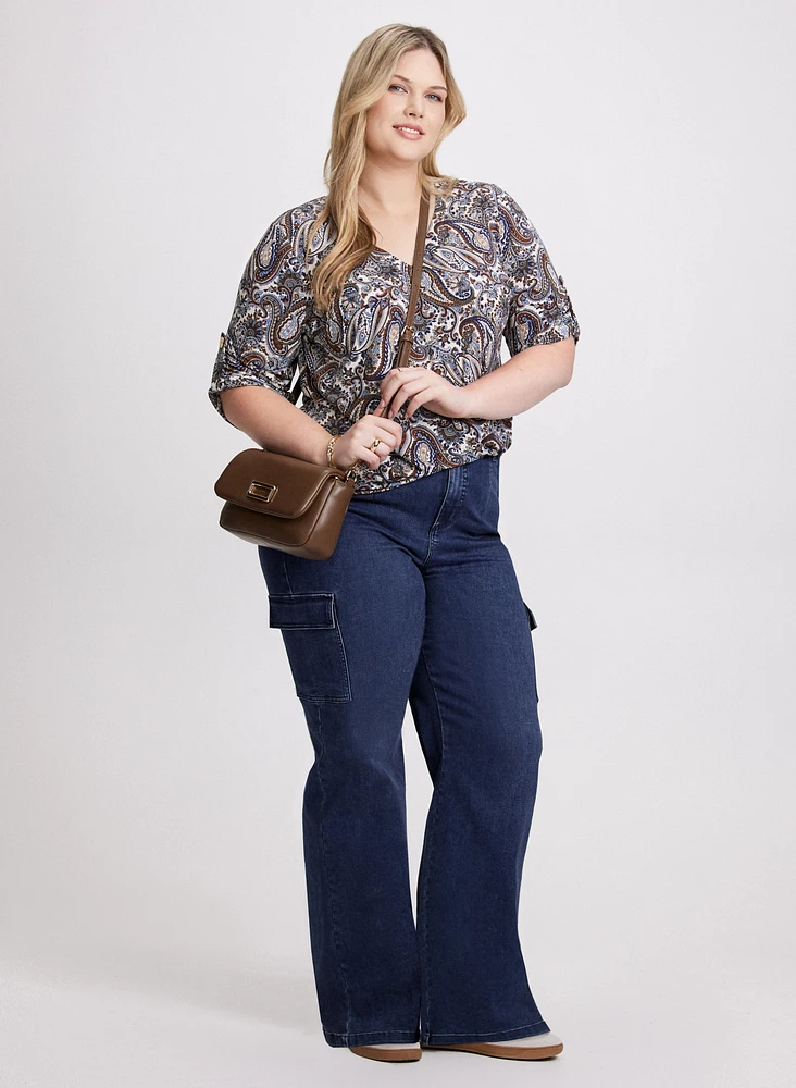 Paisley Print V-Neck Top & Wide Leg Cargo Jeans