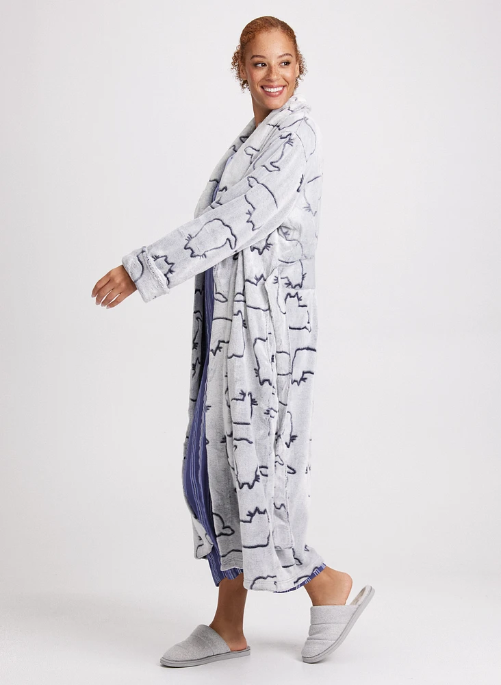 Cat Print Belted Fleece Robe