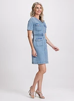 Denim Crystal-Embellished Button Dress