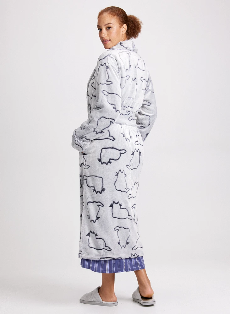 Cat Print Belted Fleece Robe