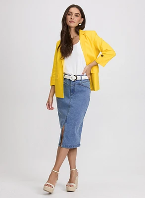 Blazer en mélange de lin et jupe midi en denim