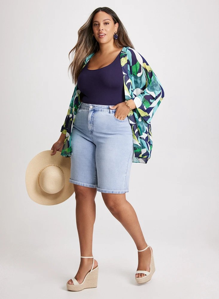 Tropical Open Cardigan & Denim Bermuda Shorts