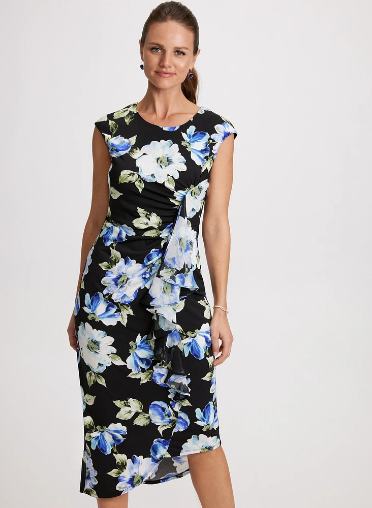 Flounced Asymmetric Floral Dress