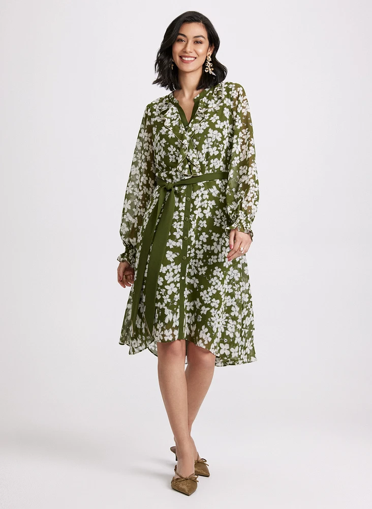 Floral Ruffle Front Shirt Dress