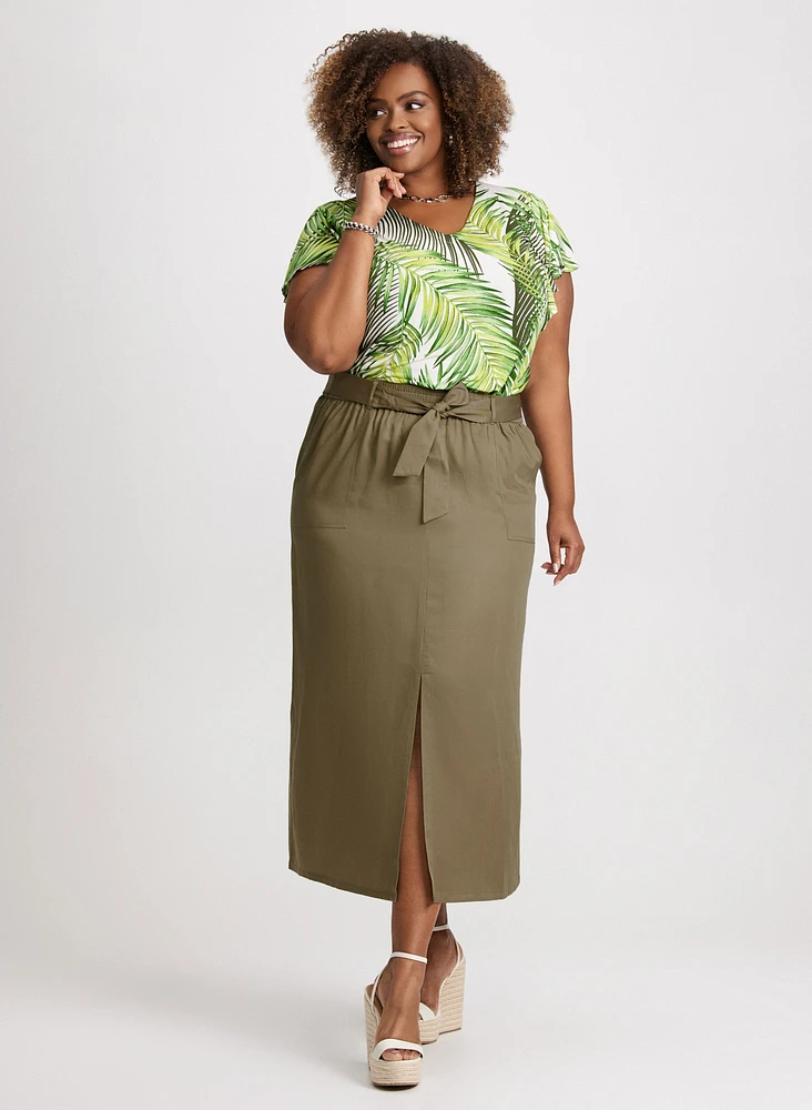 Leaf Print Ruffled Sleeve Top & Front Slit Midi Skirt