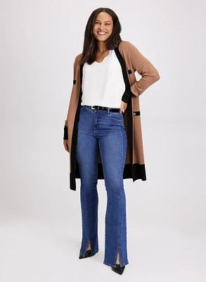 Colour-Block Cardigan & Flared Slit Jeans