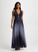 Metallic Crinkle V-Neck Gown