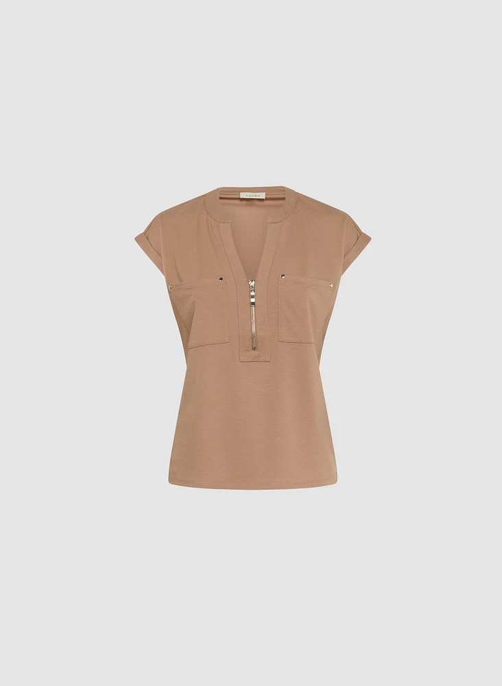 Zip-Front Knit T-Shirt