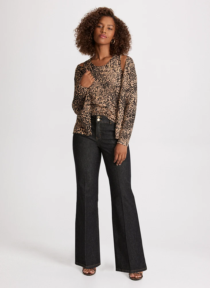 Short Leopard Cardigan & Flare Leg Jeans