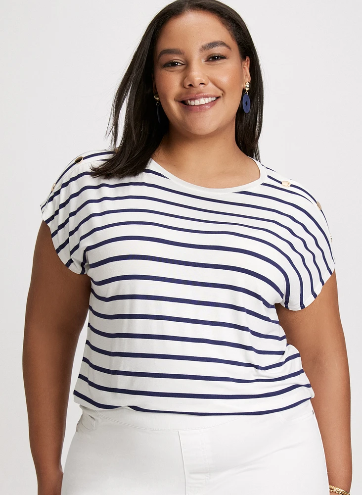 Buttoned Shoulder Striped T-Shirt