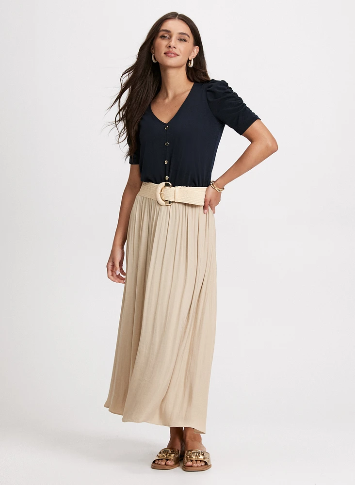 Button-Front Shirred Sleeve Top & Satin Drawstring Waist Skirt