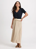 Button-Front Shirred Sleeve Top & Satin Drawstring Waist Skirt