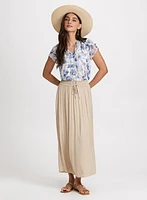 Floral Flutter Sleeve Top & Satin Drawstring Waist Skirt