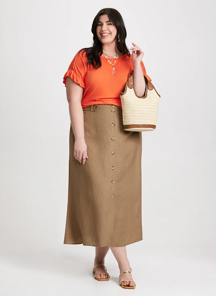 Ruffled Sleeve T-Shirt & Linen Blend Midi Skirt