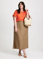 Ruffled Sleeve T-Shirt & Linen Blend Midi Skirt