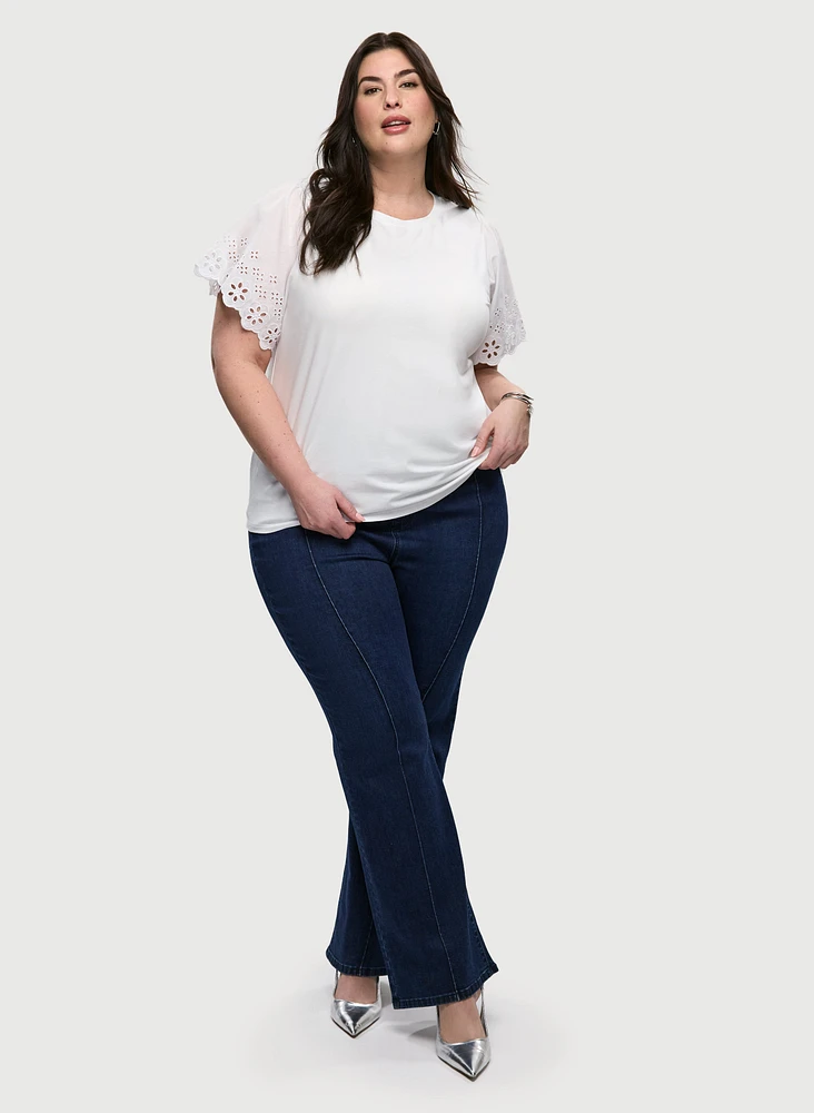 Eyelet Sleeve Tee & Pull-On Bootcut Jeans