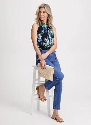 High Neck Floral Top & Straight Leg Jeans