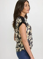 T-shirt floral à bordures unies