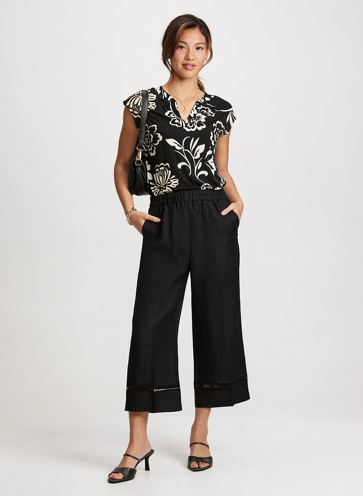 Split Neck Floral Top & Linen-Blend Capris