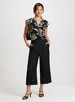 Split Neck Floral Top & Linen-Blend Capris