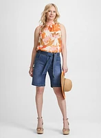 Sleeveless Floral Blouse & Sash Denim Shorts