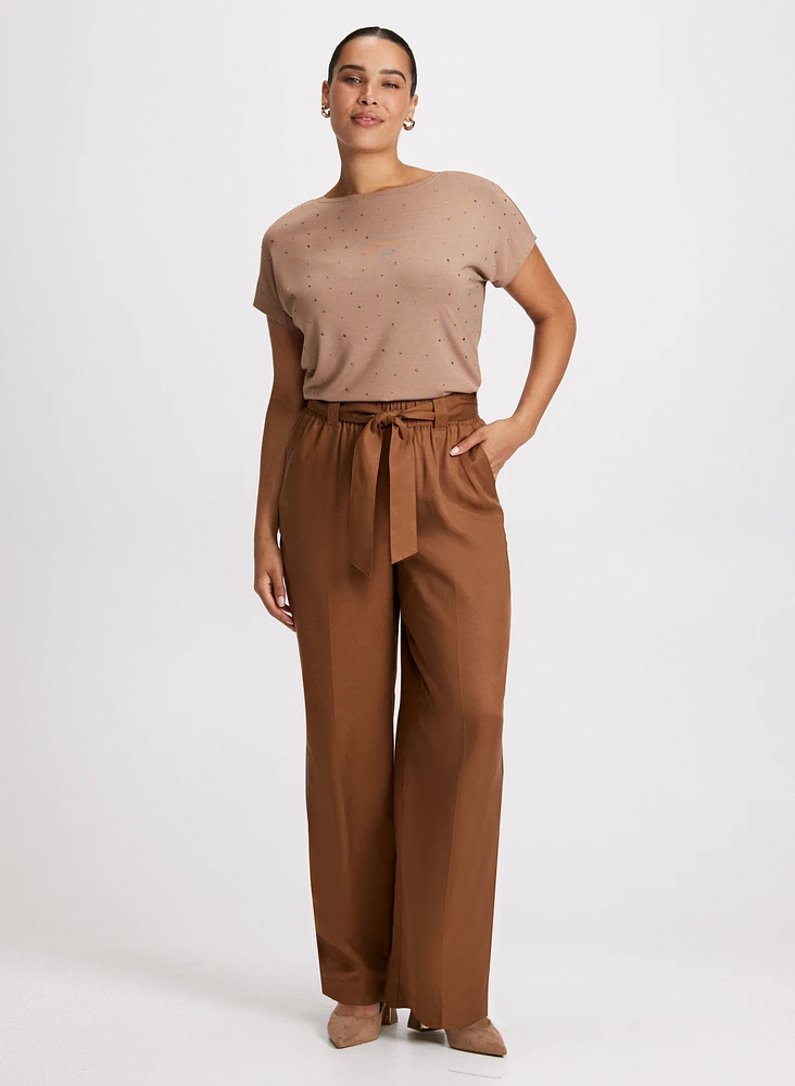 Rhinestone Detail T-Shirt & Wide Leg Tencel Pants