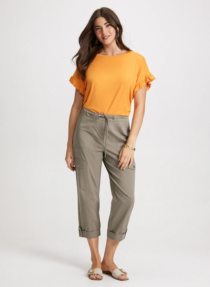 Ruffle Sleeve T-Shirt & Drawstring Waist Cargo Capris