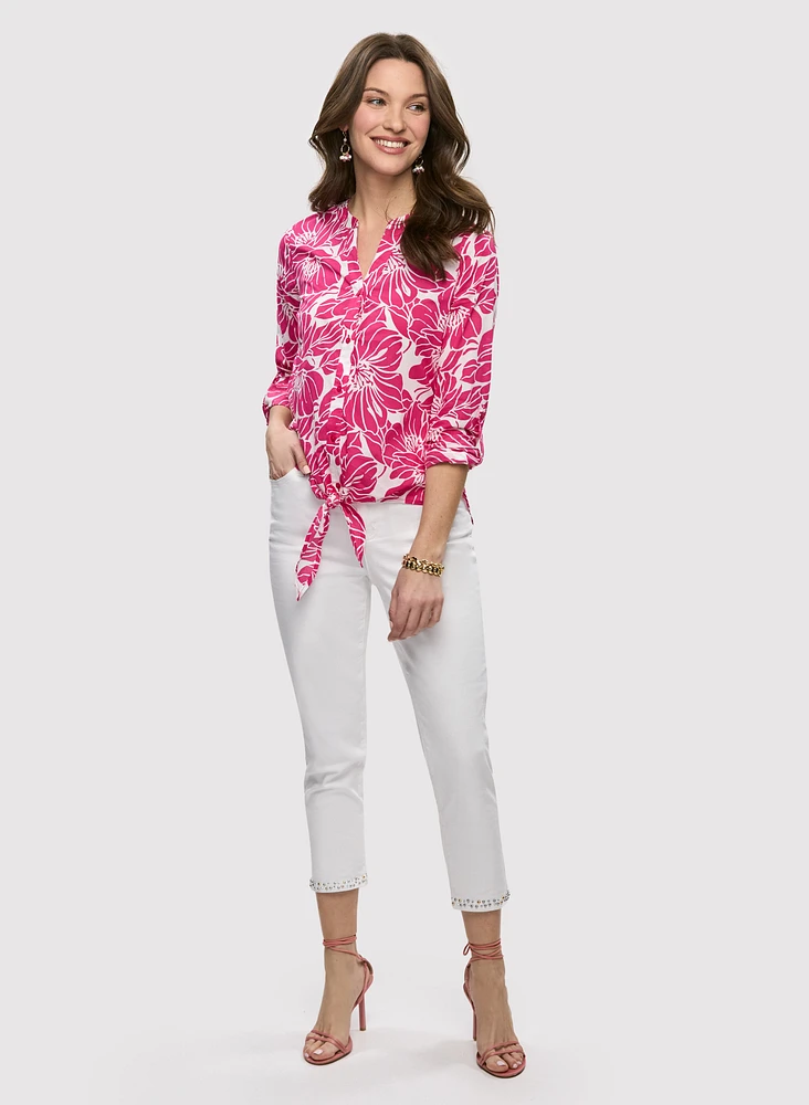 Tie-Front Floral Blouse & Stud Detail Capris