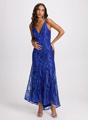 Glitter Mesh V-Neck Gown