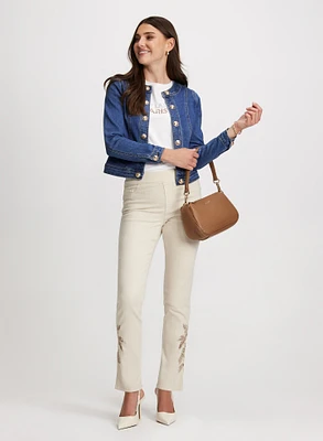 Button Trim Denim Jacket & Rose Applique Pull-On Jeans