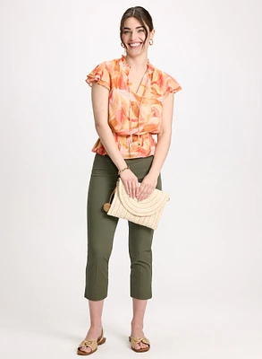 Tropical Print Blouse & Slit Pull-On Capris