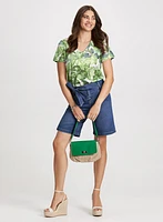 Leaf Print V-Neck Tee & Sash Denim Shorts