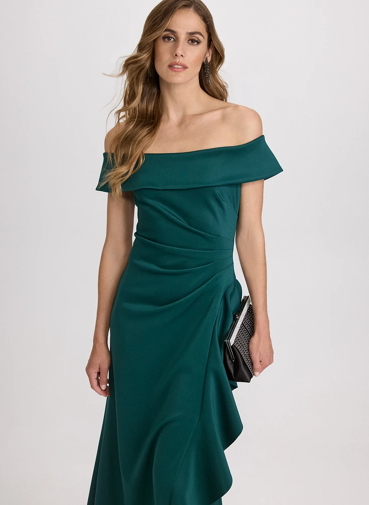 Off-Shoulder Waterfall Ruffle Dress