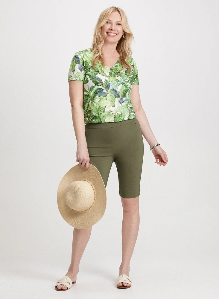 Leaf Print V-Neck Tee & Pull-On Bermuda Shorts