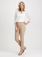 Eyelet Blouse & Scalloped Hem Pull-On Denim Pants