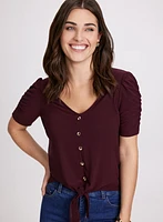 Button-Front Shirred Sleeve Top