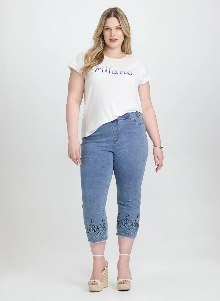 Embroidered Denim Capris