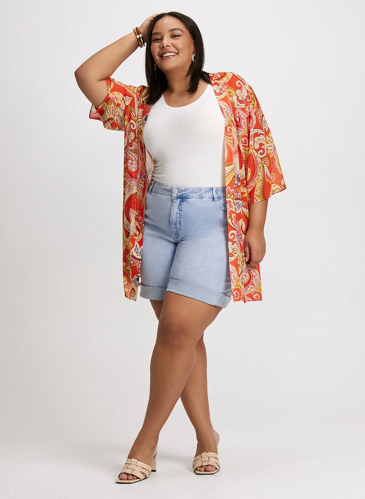 Paisley Open-Front Blouse & Denim Bermuda Shorts