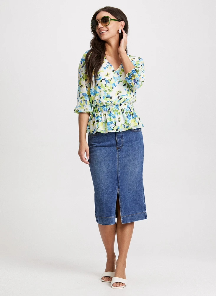 Floral Peplum Top & Slit-Hem Denim Midi Skirt