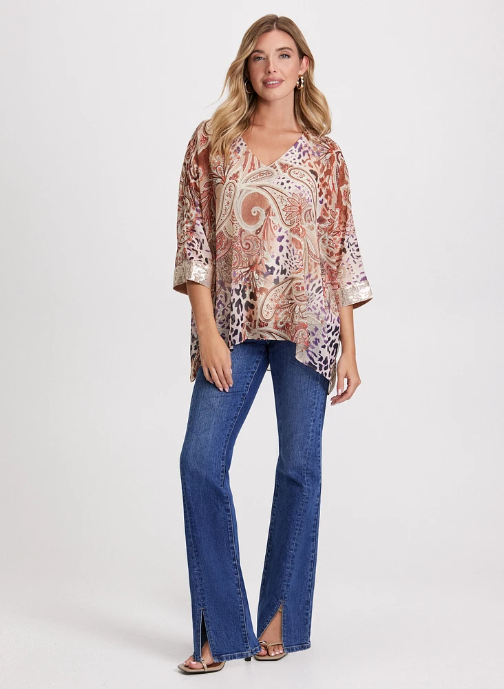 Paisley Print Blouse & Flared Slit Jeans