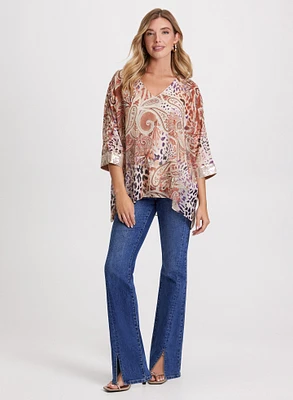 Paisley Print Blouse & Flared Slit Jeans