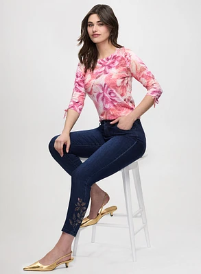 Tie Sleeves Floral Tee & Embellished Ankle Jeans