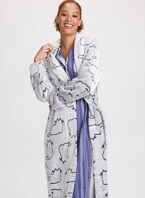 Cat Print Belted Fleece Robe