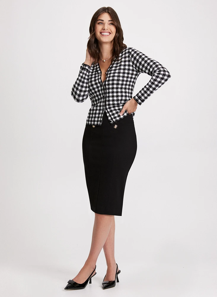 Houndstooth Print Cardigan & Pencil Skirt