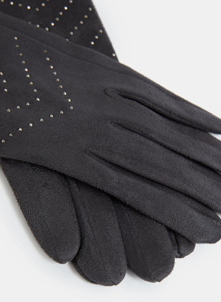 Stone Embellished Faux Suede Gloves