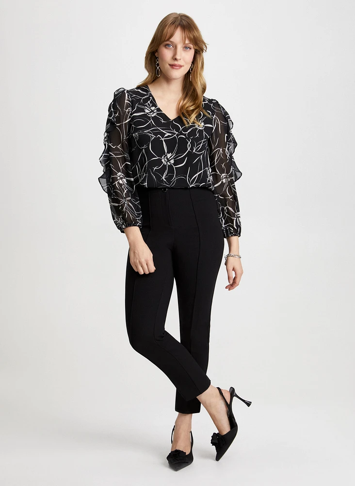 Floral Sketch Blouse & Slim Leg Pants