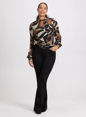 Mock Neck Geometric Print Top & Straight Leg Jeans