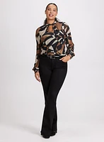 Mock Neck Geometric Print Top & Straight Leg Jeans