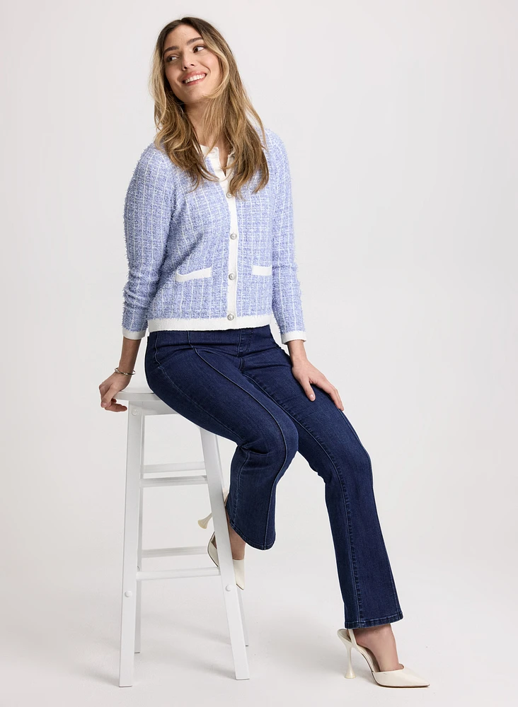 Short Bouclé Cardigan & Pull-On Bootcut Jeans